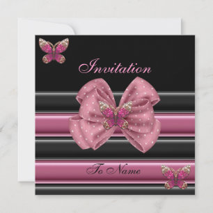 Invitation Papillon Rose Ruban Noir Rayure 2