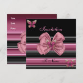 Invitation Papillon Rose Ruban Rayure Noire 2 (Devant / Derrière)