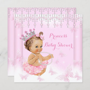 Invitation Papillon rose Tiara Princess Baby shower Brunette