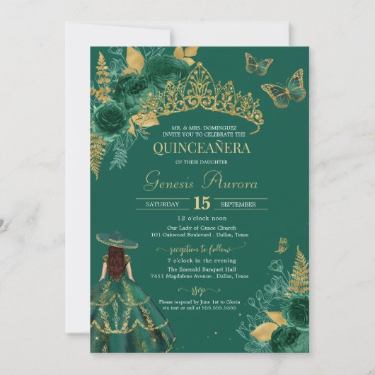 Invitation Papillon Rose Vert Or Emerald Quinceañera (Devant)