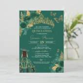 Invitation Papillon Rose Vert Or Emerald Quinceañera (Debout devant)