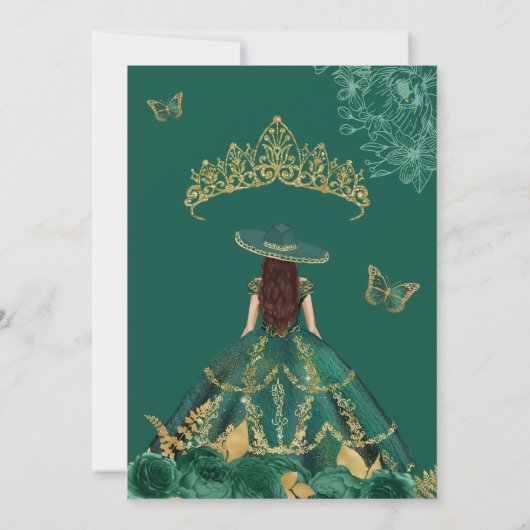 Invitation Papillon Rose Vert Or Emerald Quinceañera (Dos)
