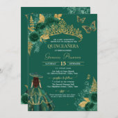 Invitation Papillon Rose Vert Or Emerald Quinceañera (Devant / Derrière)