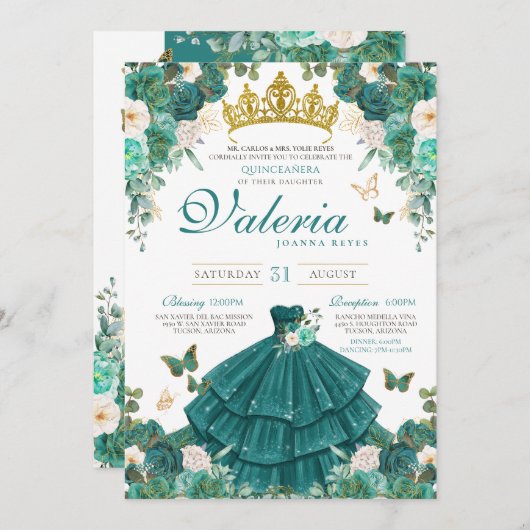 Invitation Papillon Rose vert turquoise Princesse Quinceanera (Devant / Derrière)