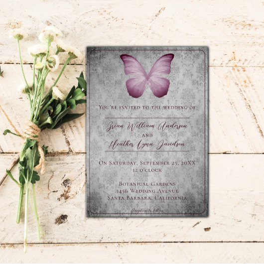 Invitation Papillon rose Vintage Mariage damassé