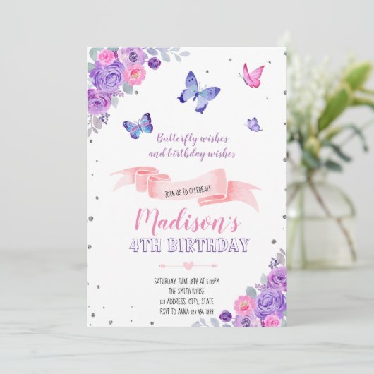 Invitation papillon rose violet (Debout devant)
