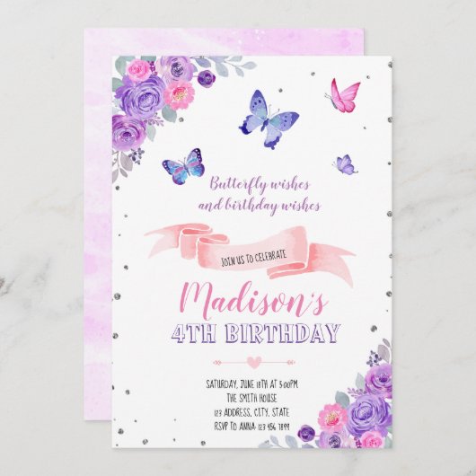 Invitation papillon rose violet (Devant / Derrière)