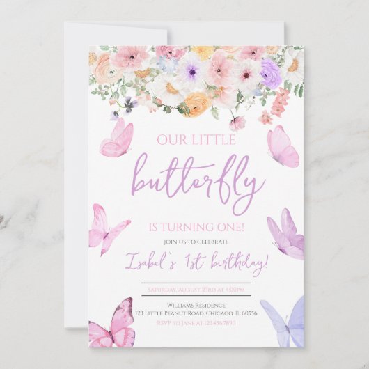 Invitation Papillon rose violet Anniversaire (Devant)