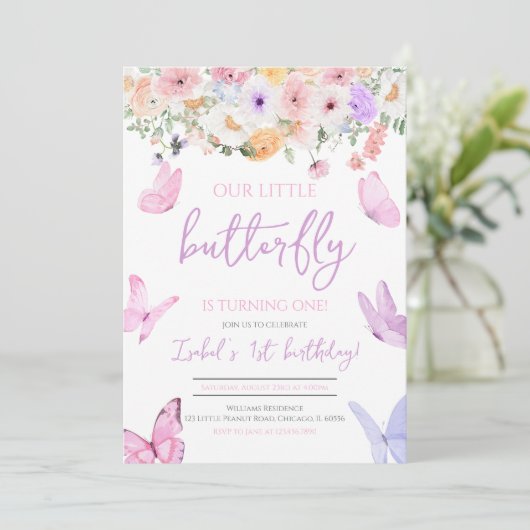 Invitation Papillon rose violet Anniversaire (Debout devant)
