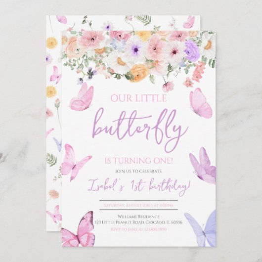 Invitation Papillon rose violet Anniversaire (Devant / Derrière)