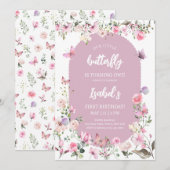 Invitation Papillon rose violet Anniversaire (Devant / Derrière)
