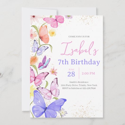 Invitation Papillon rose violet Anniversaire (Devant)