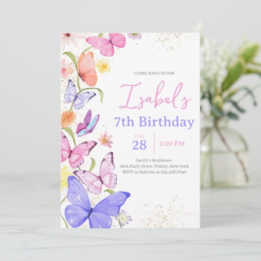 Invitation Papillon rose violet Anniversaire (Debout devant)