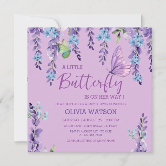 Invitation Papillon rose violet Baby shower de fille papillon (Devant)