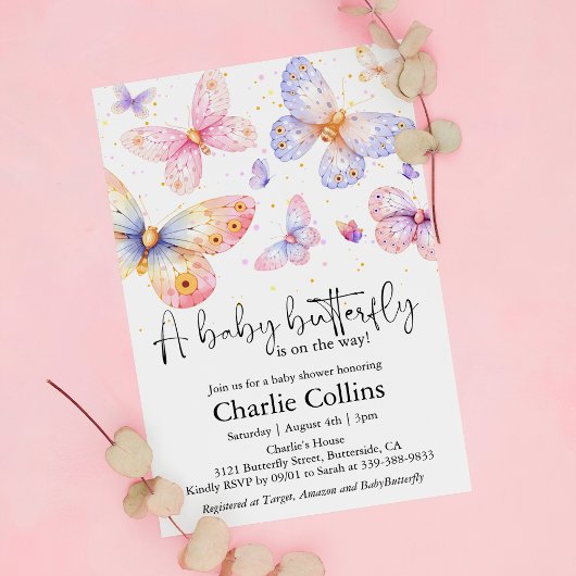 Invitation Papillon rose violet Baby shower fille