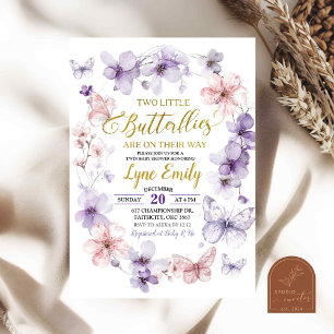 Invitation Papillon rose violet Baby shower Floral Twins