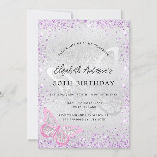 Invitation papillon rose violet d'argent d'anniversaire (Devant)
