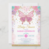 Invitation Papillon rose violet Turquoise Baby shower arc-en- (Devant)