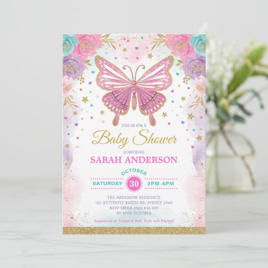 Invitation Papillon rose violet Turquoise Baby shower arc-en- (Debout devant)