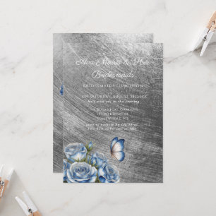 Invitation Papillon Roses Bleues Argent Luncheon des Demoisel