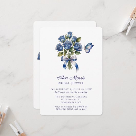 Invitation Papillon Roses Bleues Argent Mariage (Devant/Arrière en situation)