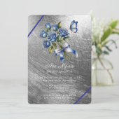 Invitation Papillon Roses Bleues Argent Mariage (Debout devant)
