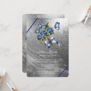 Invitation Papillon Roses Bleues Argent Mariage