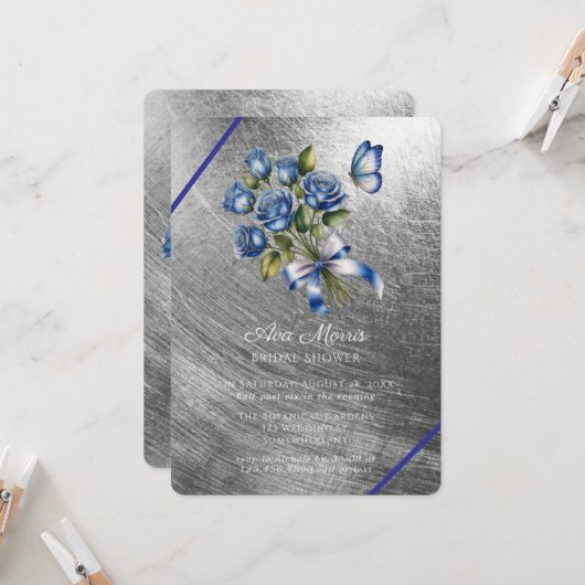 Invitation Papillon Roses Bleues Argent Mariage (Devant/Arrière en situation)