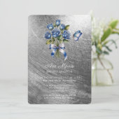 Invitation Papillon Roses Bleues Argent Mariage (Debout devant)