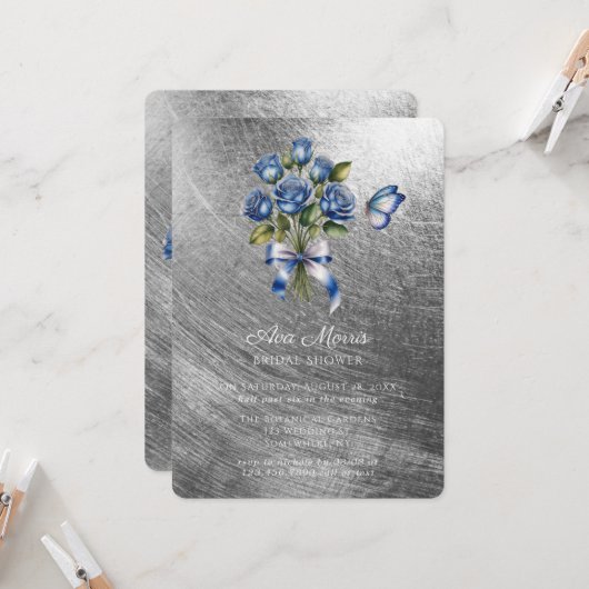 Invitation Papillon Roses Bleues Argent Mariage (Devant/Arrière en situation)