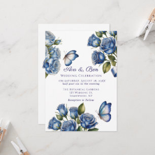 Invitation Papillon Roses Bleues Élégantes Mariage Argenté