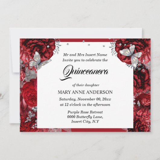 Invitation Papillon rouge argent élégant rose quinceanera (Devant)