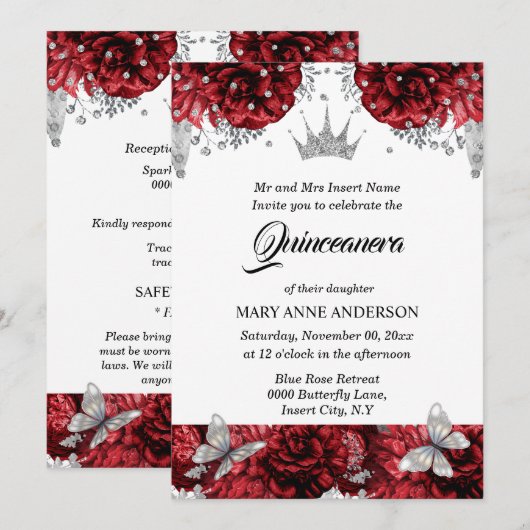 Invitation Papillon rouge argent tiara bleu rose quinceanera (Devant / Derrière)
