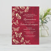 Invitation Papillon rouge Bourgogne Or Mis Quince 15 ans (Debout devant)