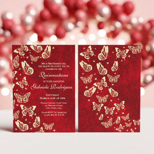 Invitation Papillon rouge Bourgogne Or Mis Quince 15 ans