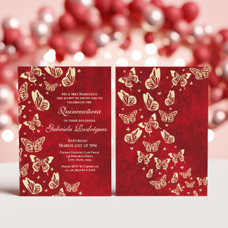 Invitation Papillon rouge Bourgogne Or Mis Quince 15 ans