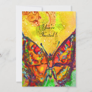 INVITATION PAPILLON ROUGE DANS DES ÉTOINCELLES JAUNE BRUN OR