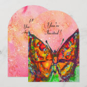 INVITATION PAPILLON ROUGE DANS FUCHSIA ROSE PAILLETÉ D'OR (Devant / Derrière)