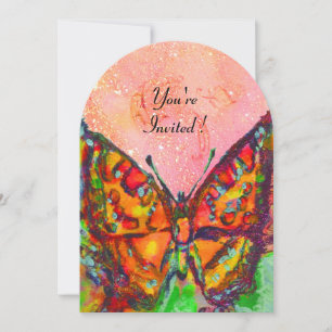 INVITATION PAPILLON ROUGE DANS FUCHSIA ROSE PAILLETES D'OR