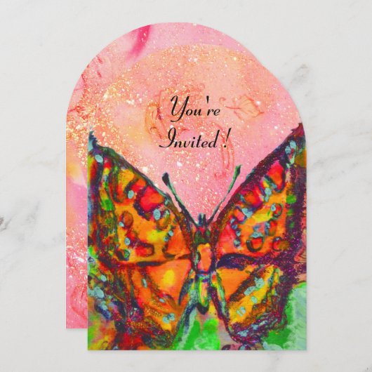 INVITATION PAPILLON ROUGE DANS FUCHSIA ROSE PAILLETTE D'OR (Devant / Derrière)