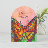 INVITATION PAPILLON ROUGE DANS FUCHSIA ROSE PAILLETTE D'OR (Debout devant)