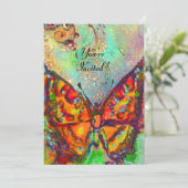 INVITATION PAPILLON ROUGE DANS PAILLES BLEU VERT TEAL OR (Debout devant)