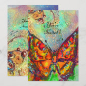 INVITATION PAPILLON ROUGE DANS PAILLÉTES BLEU VERT TEAL OR (Devant / Derrière)
