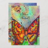 INVITATION PAPILLON ROUGE DANS PAILLETTES BLEU VERT TEAL OR (Devant / Derrière)