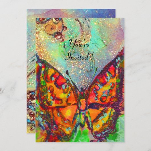 INVITATION PAPILLON ROUGE DANS PAILLETTES BLEU VERT TEAL OR (Devant / Derrière)