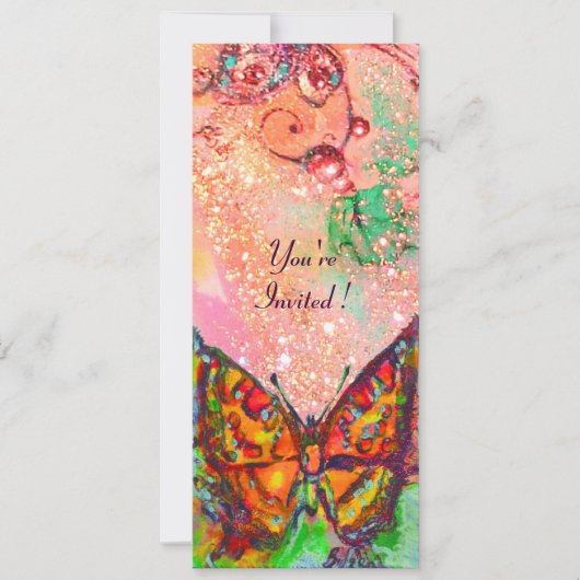 Invitation PAPILLON ROUGE FUCHSIA ROSE OR Fleurie Douce 16 (Devant)