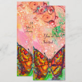 Invitation PAPILLON ROUGE FUCHSIA ROSE OR Floral Douze Ans (Devant / Derrière)