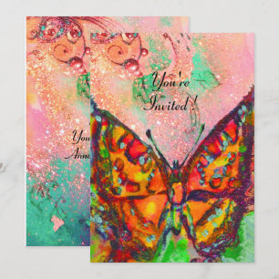 Invitation PAPILLON ROUGE FUCHSIA ROSE OR PAILLÈTES Douze ans