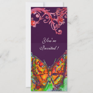 Invitation PAPILLON ROUGE, TOURBILLONS FLORAUX Or Jaune Viole