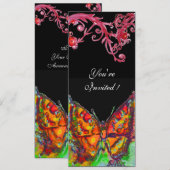 Invitation PAPILLON ROUGE, VRILLES FLORALES Or Jaune Noir (Devant / Derrière)